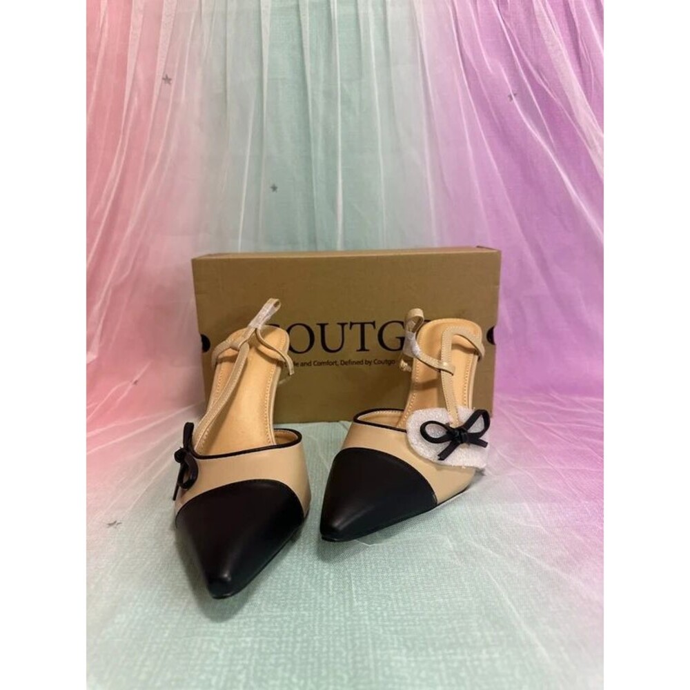 Coutgo Womens Kitten Heels Bow Tie Mules Two Tone Closed Pointed Toe